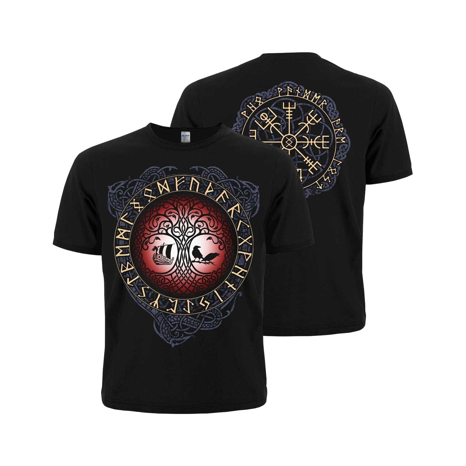 Black T-Shirt: Viking Yggdrasil World Tree, Vegvisir Runic Compass L