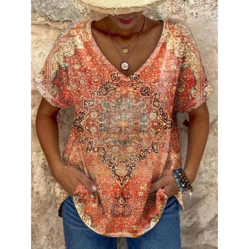 Camisetas Casuales de Manga Corta para Mujer con Estampado 3D y Cuello en V, Moda Retro