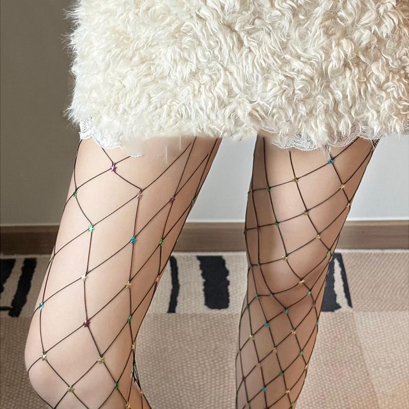 Japanese Shibuya Girl Colorful Fishnet Stockings Star Diamonds Sexy Women Drill Tights Pantyhose Tights For Female Party