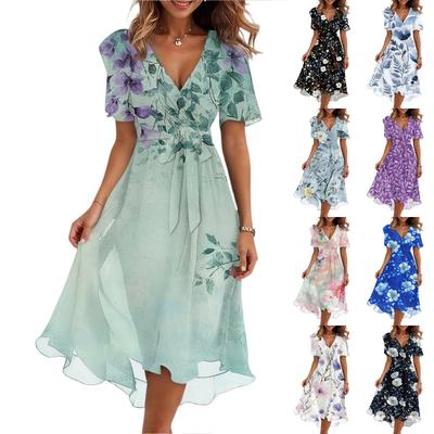 Damenmode Lässig V-Ausschnitt Kurzarm Rüschen Vintage Bedruckte Kleider