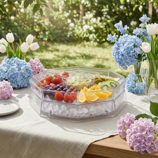 Rotating Serving Tray, with Multi-Compartment And Central Sauce Cup Design, Food Tray for Cold Cuts Seafood Fruits Vegetables