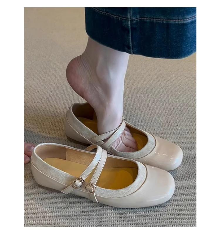 Soft leather version~ Soft leather flat-bottomed French temperament round head one-word buckle Mary Jane shoes women's retro shallow mouth ballet s
