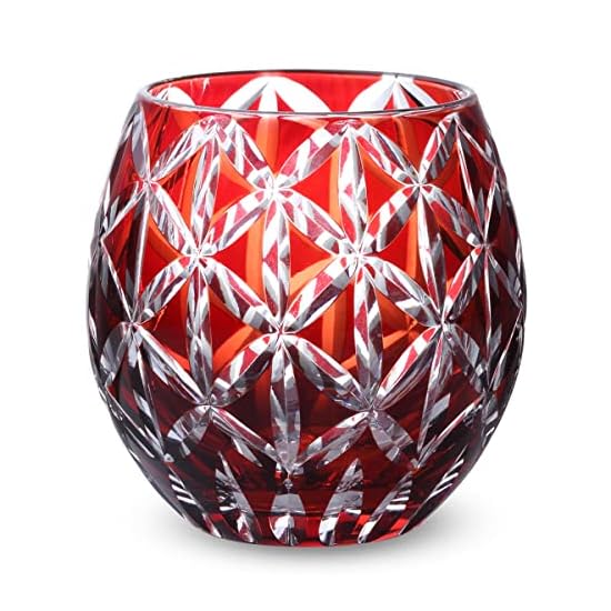 Takumibifu Dinner Luxe Kiriko Egg-Shaped Glass Cup 6.9×8.9cm 350cc Diamond Pattern Red Koga PNO.332