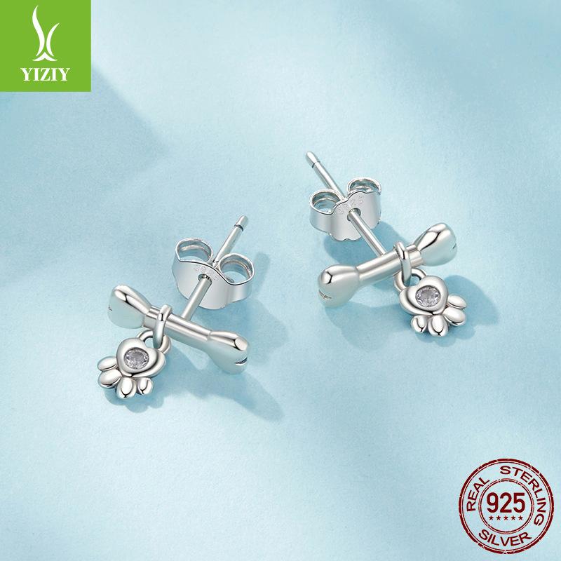 Dog Bone Dog Claw Stud Earrings, Cute Fun Stone Design S925 Sterling Silver Earrings Jewelry