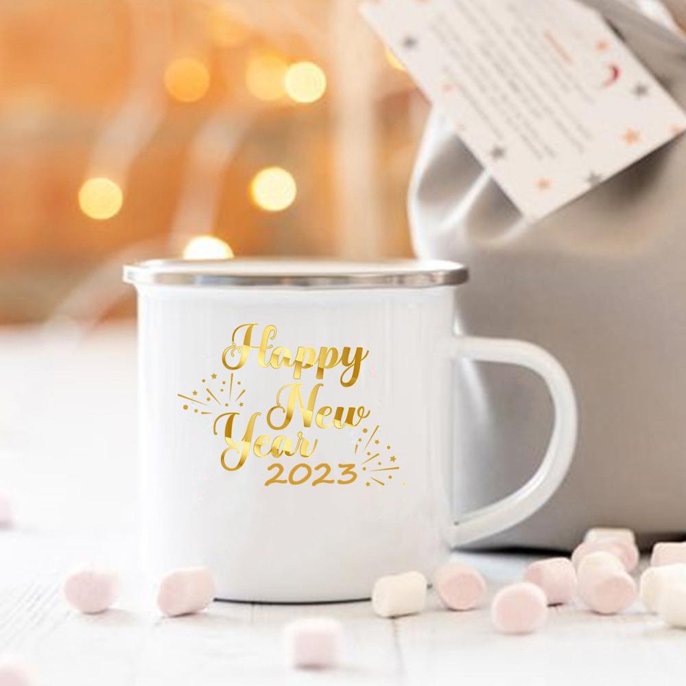 Happy New Year Print Mugs Enamel Coffee Cups Handle Hot Cocoa Chocolate Cup Children Breakfast Milk Mug Holiday Gift for Family