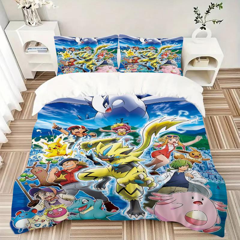 Epic Pokemon Adventure Print 3Pcs Bedding Set,Duvet Cover with 2 Bedro,Pillowcase Home Birthday Gift