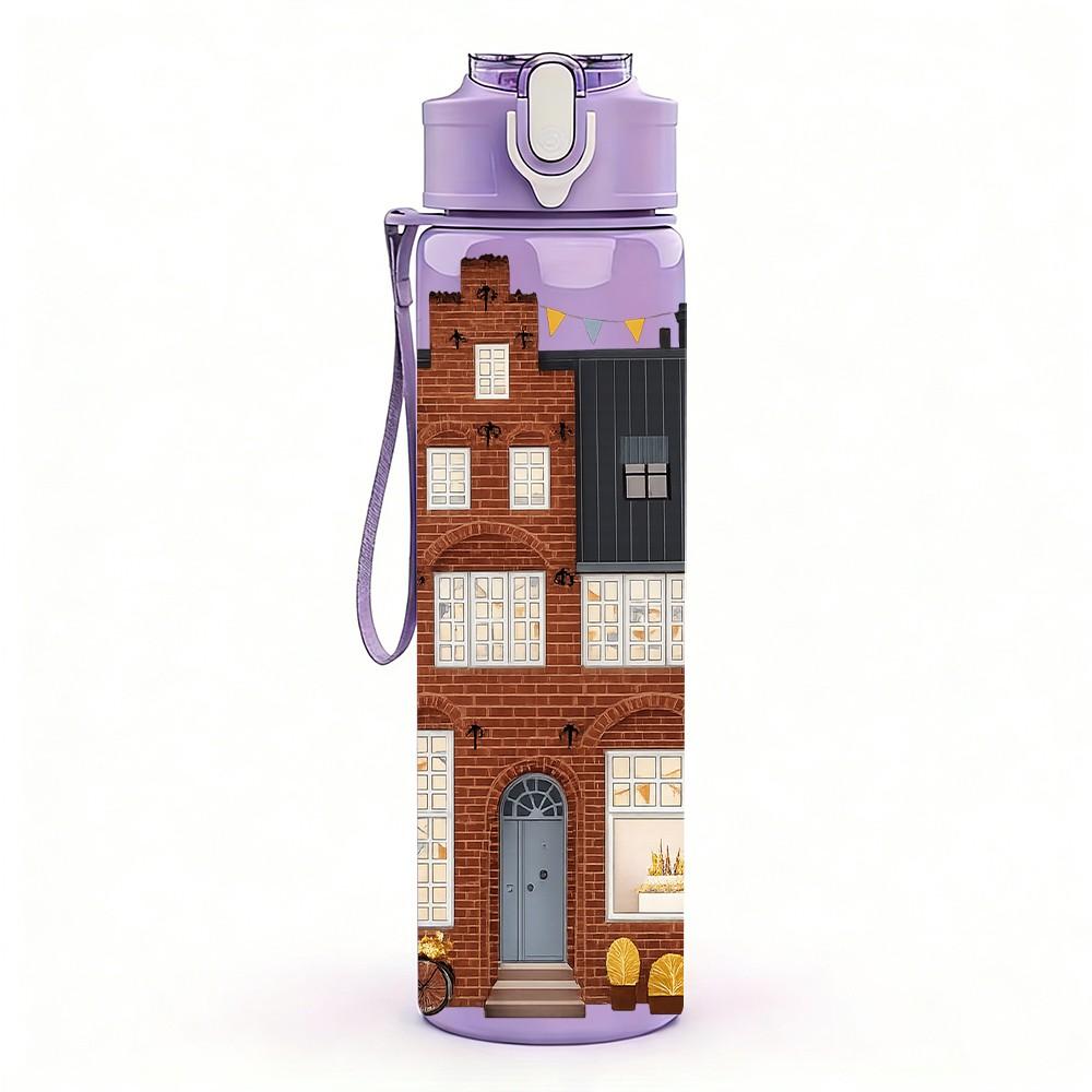 1PC Brown Building House 750ml Color Plastic Sports Water Bottle Leakproof Flip Straw Lid Suitable for Sports Office Home Use