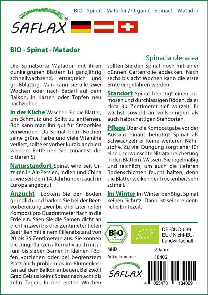 SAFLAX Garden In the Bag - Organic - Spinach - Matador - 300 Seeds - With Substrate In a Fitting Stand Up Bag - Spinacia Oleracea