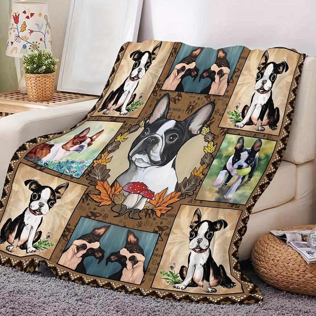 Cozy Fleece Blanket with Cute French Bulldog Design Soft for Sofa, Camping Travel All-Season Must-Have for Home Outdoor Scenes