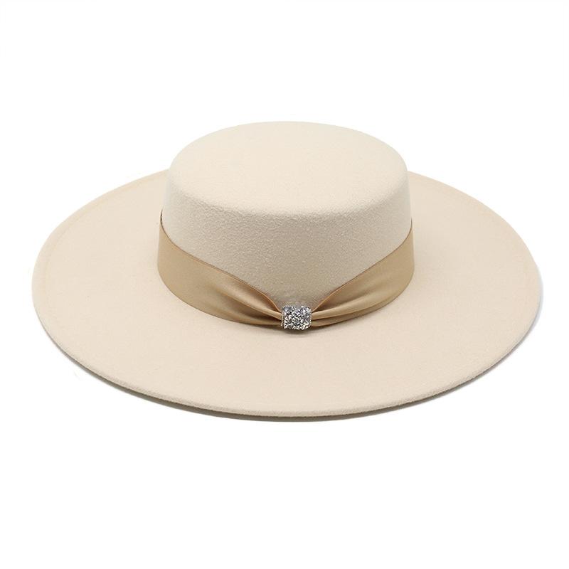 Flat Top Top Hat Female British Versatile Retro Beige Woolen Black White Felt Hat 10Cm