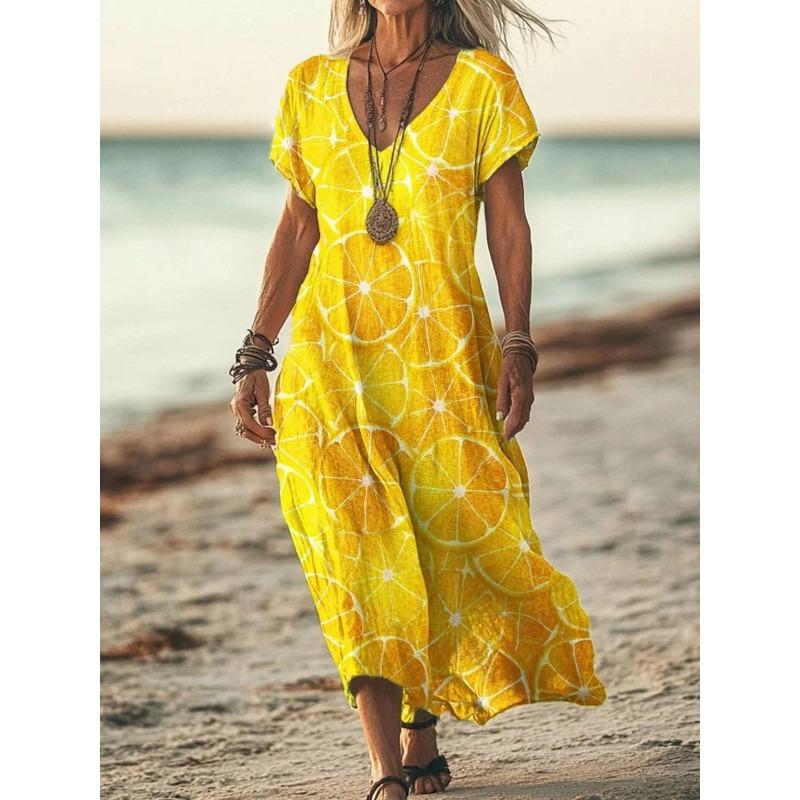 YYFS Women's Fashion Summer Spring Flower Pattern Print Short Sleeve V-Neck Loose Waistline Casual Dresses