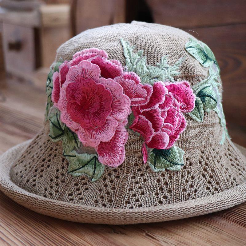 Vår og sommer etnisk vind broderi blomst sammenleggbar hatt dame strikkelue sandbøttehatt