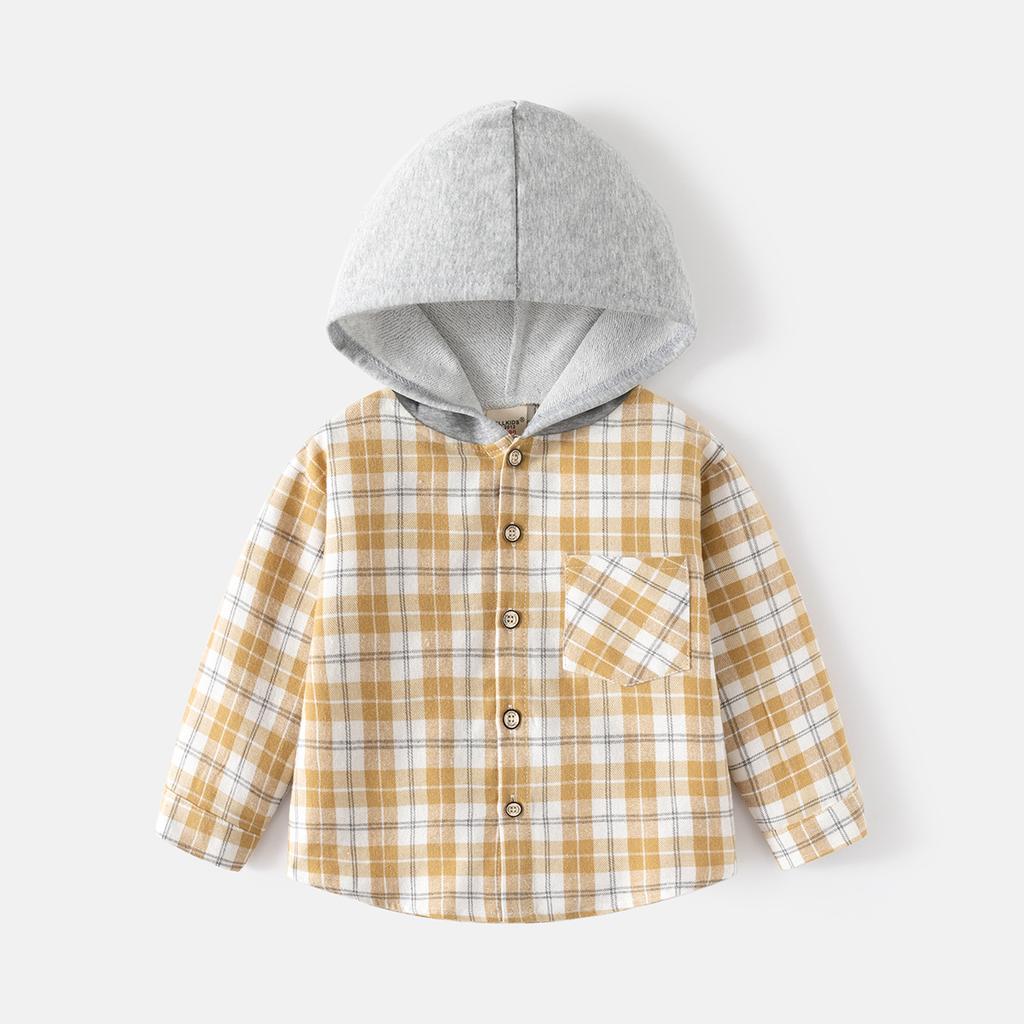 Boys Plaid Hooded Shirt Long Sleeve Button Down Casual Spring Autumn Top for Kids
