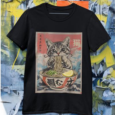 Japanisches Ramen Katze T-Shirt | Wellenkunst Kätzchen Nudel Grafik Tee