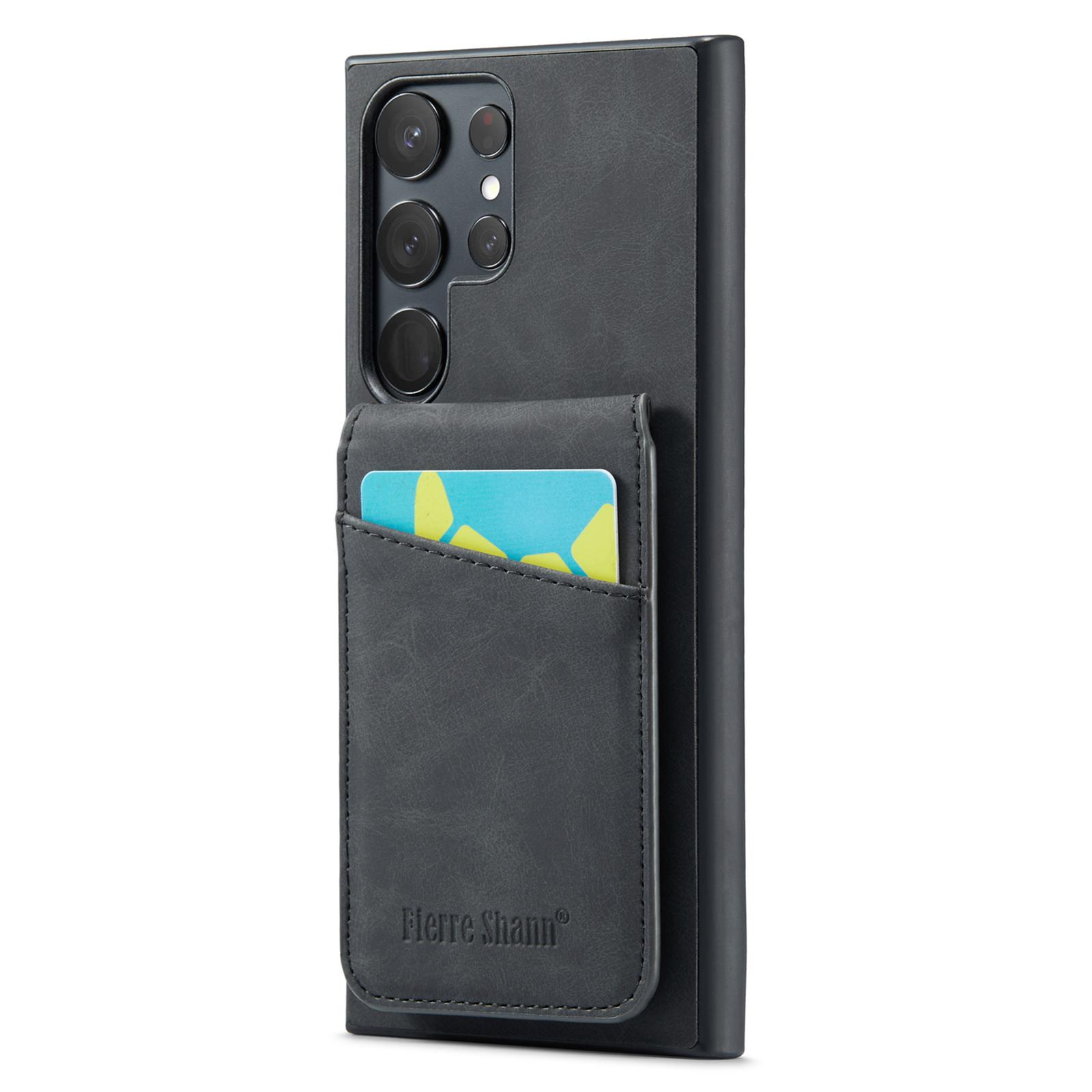 

FIERRE SHANN Kickstand Case for Samsung Galaxy S22 Ultra 5G Card Slots Leather+TPU Phone Cover Black