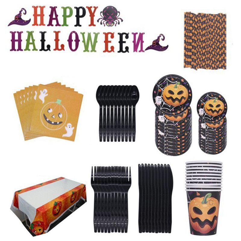 Halloween Party Decoration Supplies Including Pumpkin Tablecover And Straws**