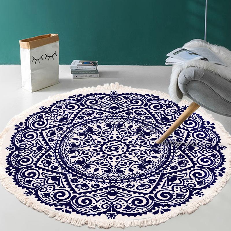 Nordic Cotton and Linen Home Leisure Non-slip Fringed Printed Round Carpet Living Room Floor Mat Bedroom Bedside Blanket