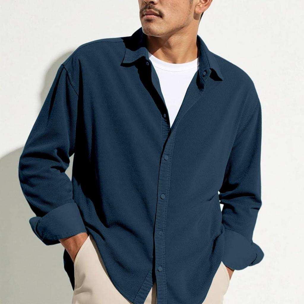 Men's Casual -color Lightweight Breathable Corduroy Button-down Shirt - Men's Stylish Loose-fitting Long-sleeved Shirt