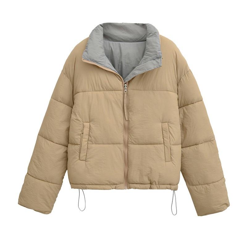 Womens Reversible Stand Collar Cotton Puffer Jacket Winter Casual Loose Fit Warm Coat