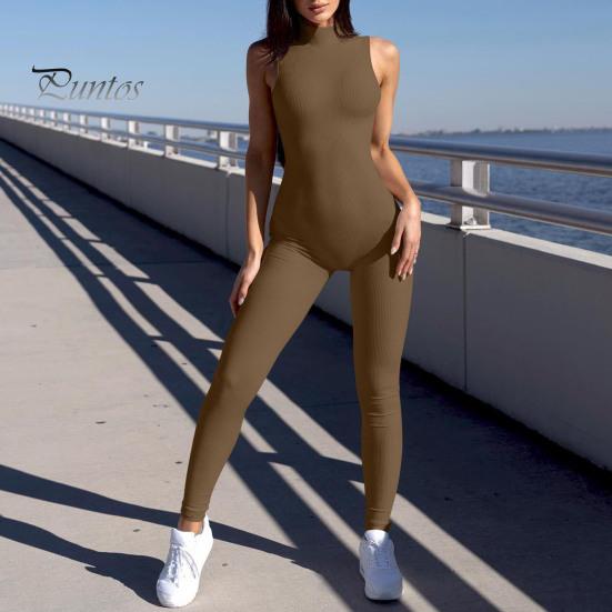 Women Sport Jumpsuit Solid Color Sleeveless Skinny Half-high Collar Elastic Soft Breathable Sweat Absorption Seamless Lady Daily Jumpsuit
