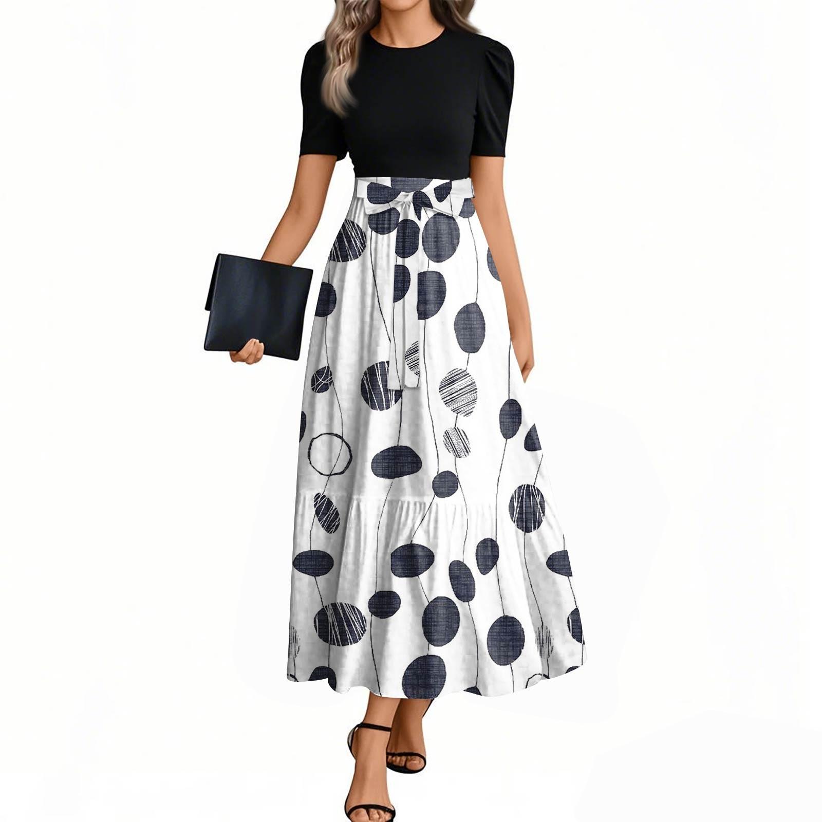 

Женская мода повседневная пояс с коротким рукавом круглый вырез винтажные цветочные сращивания элегантные темпераментные платья XL белый