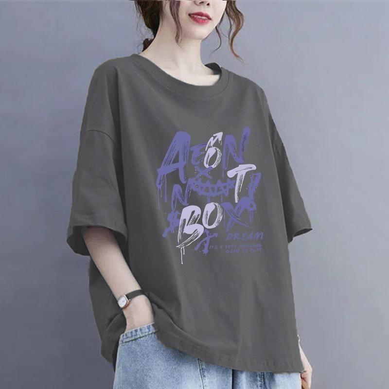Women Casual Korean Printing O-neck Oversized Top Tee Summer All-match Letter Loose Cotton T-Shirt Women Clothing Pullover Tops