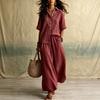 Women's Casual Two Piece Set Color Lapel Collar Button Front Half Sleeve Top and Wide Leg Pants