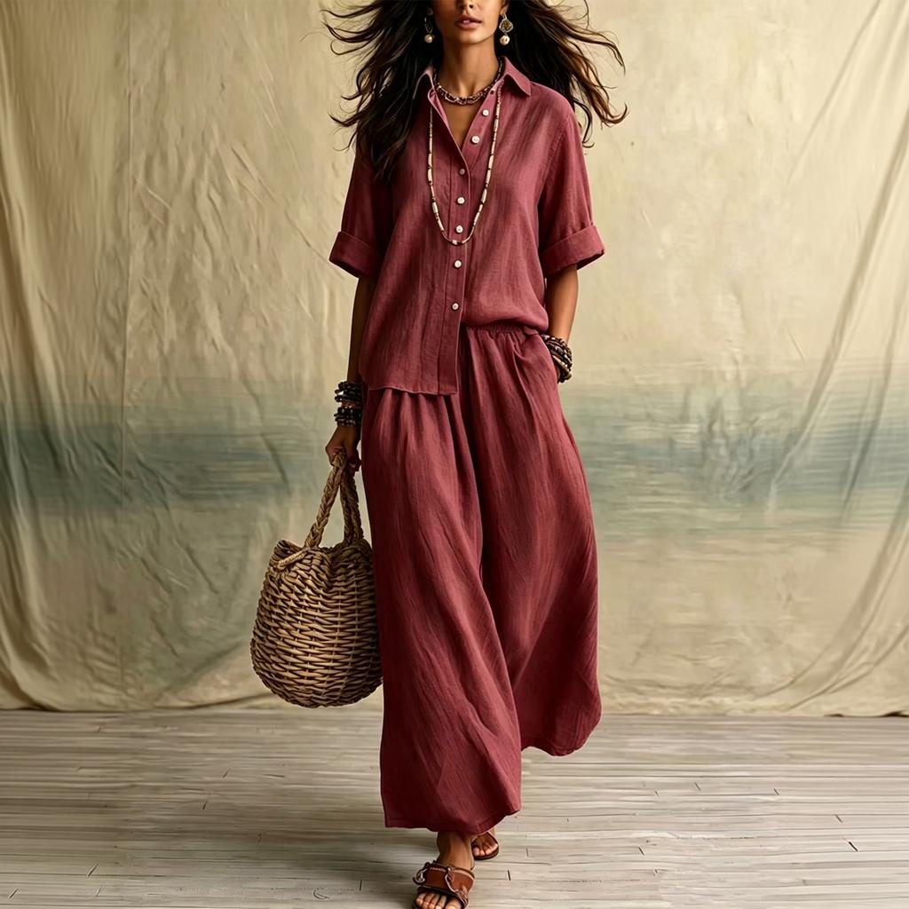 Women's Casual Two Piece Set Color Lapel Collar Button Front Half Sleeve Top and Wide Leg Pants