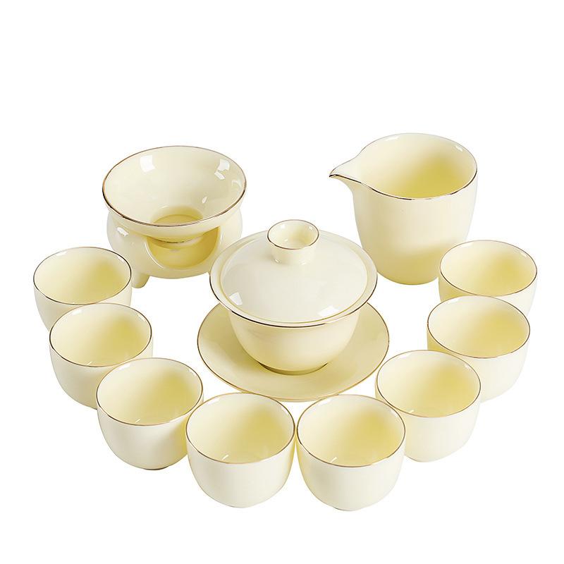 High-end ceramic yellow gemstone mutton fat jade Kung Fu tea set tea set tea cup business enterprise bank corporate gift