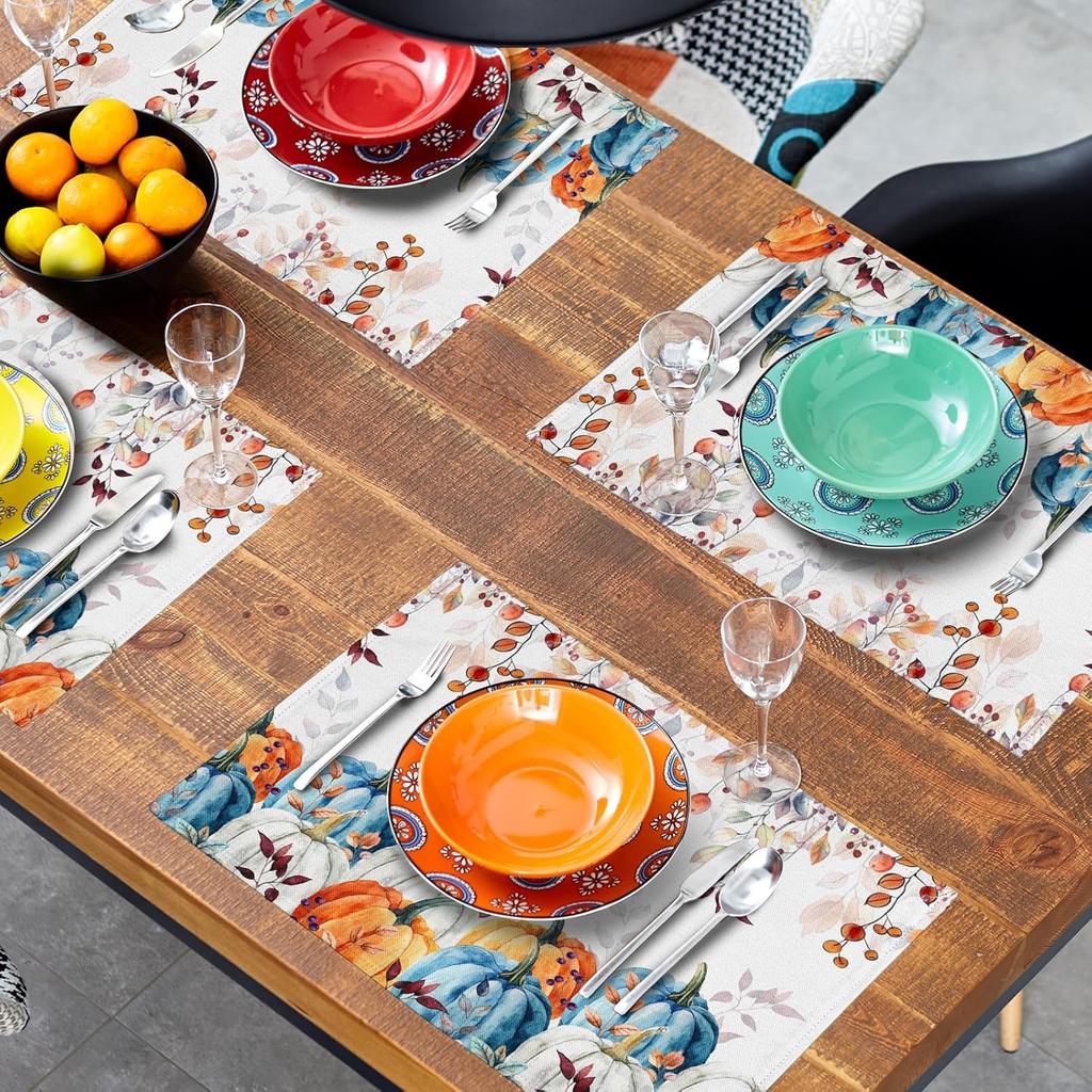 Fall Pumpkins Maple Leaf Placemats Party Decor Washable Thanksgiving Autumn Harvest Kitchen Dining Table Mats Autumn Decorations