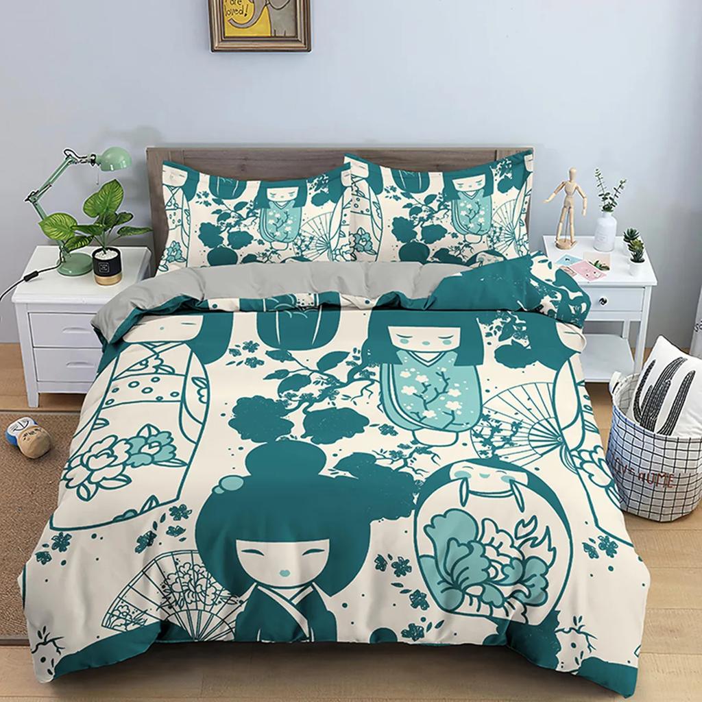 Japanese Good Luck Doll Printed Duvet Cover Cartoon Lucky Cat For Kids Girls Women Fan White Quilt Cover Bedroom Decorations