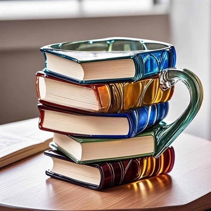 Colorful Book Cup with Novel 3D Printed Stacked Books Coffee Mug Resin Stainless Steel Cup