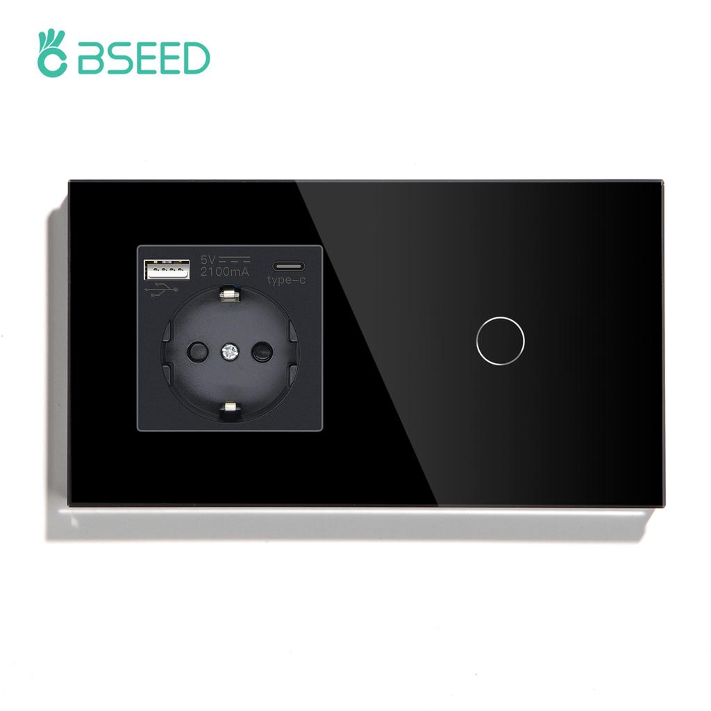 BSEED 1/2/3Gang Wall Touch Switch Double Light Switches 1Way Plus Type-c USB Sockets EU Standard Glass Panel Blue Backlight 10A