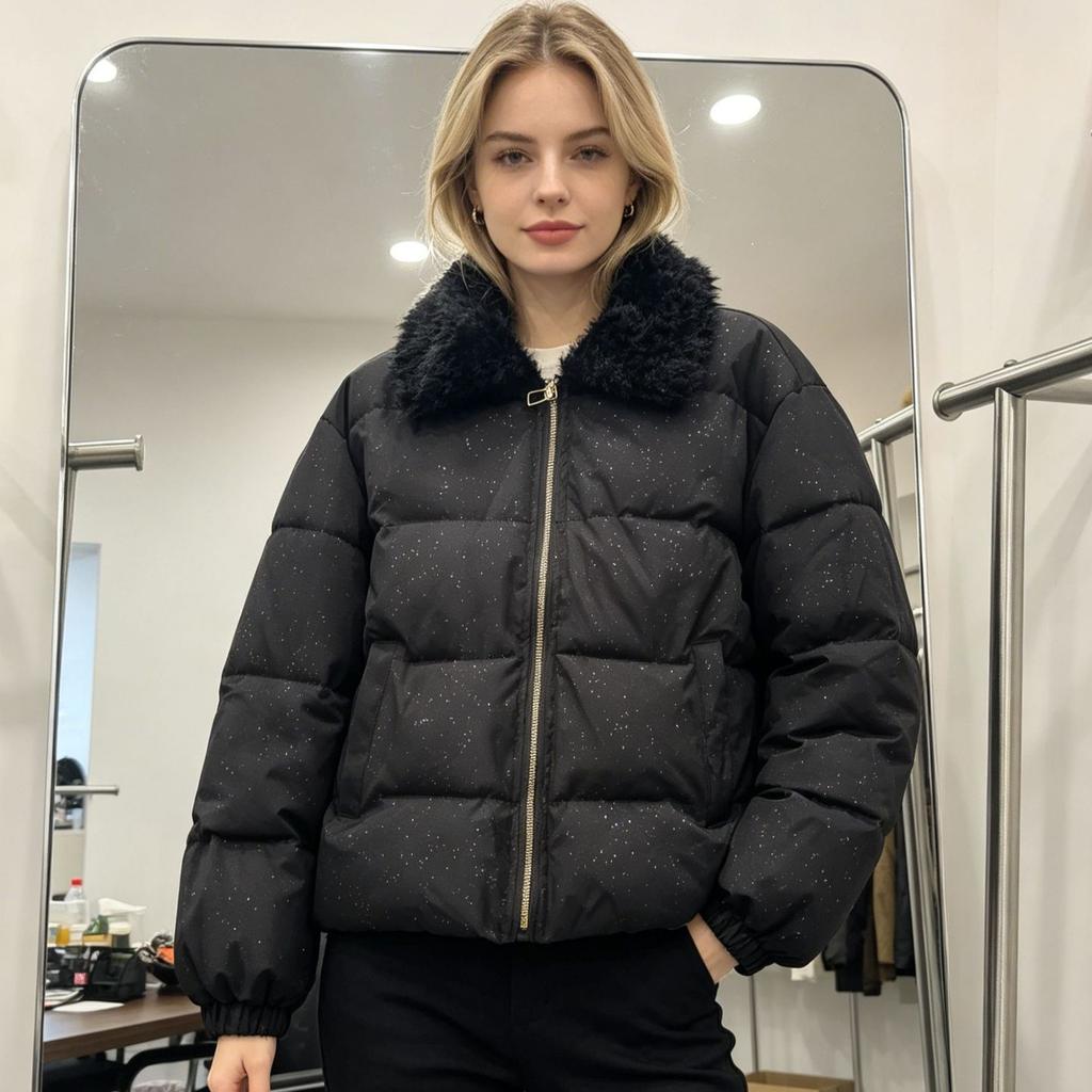 Cappotto invernale corto imbottito in cotone da donna, nuovo, ampio, stile 'pane', con ampio colletto in pelliccia, leggermente ispessito