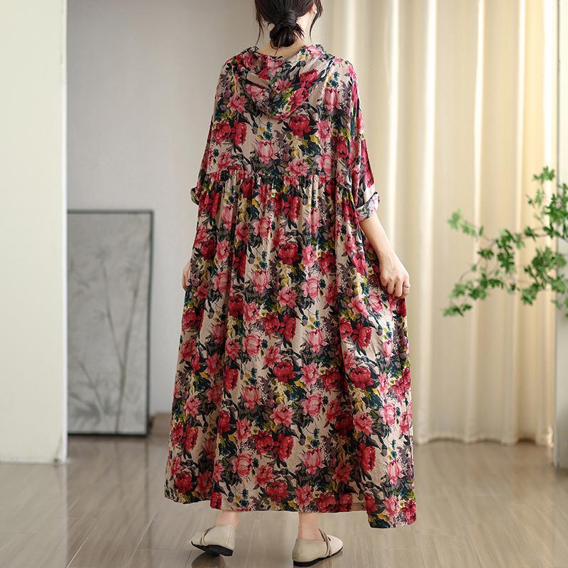

DIMANAF 2025 Women Plus Size Long Hat Dress Loose O-Neck Printing Casual Floral Oversize Long Sleeve 8105 one size