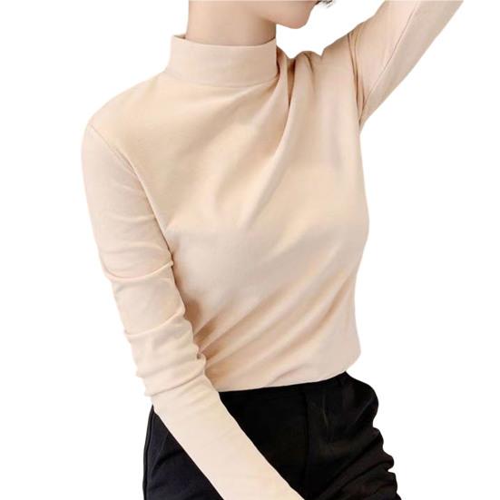 Half High Collar Long Sleeves Slim Fit Bottoming Blouse Autumn Winter Thickened Double-Sided Fleece Pure Color Thermal Top Daily Clothing
