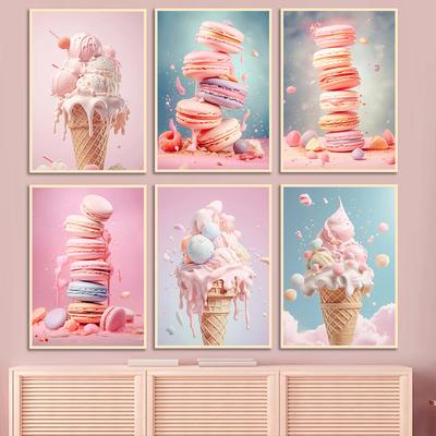 Fashion Pink Food Ice Cream Macaron Poster Pop Canvas Painting Print Wall Art HD Picture Girls Room Nursery Home Decor Frameless