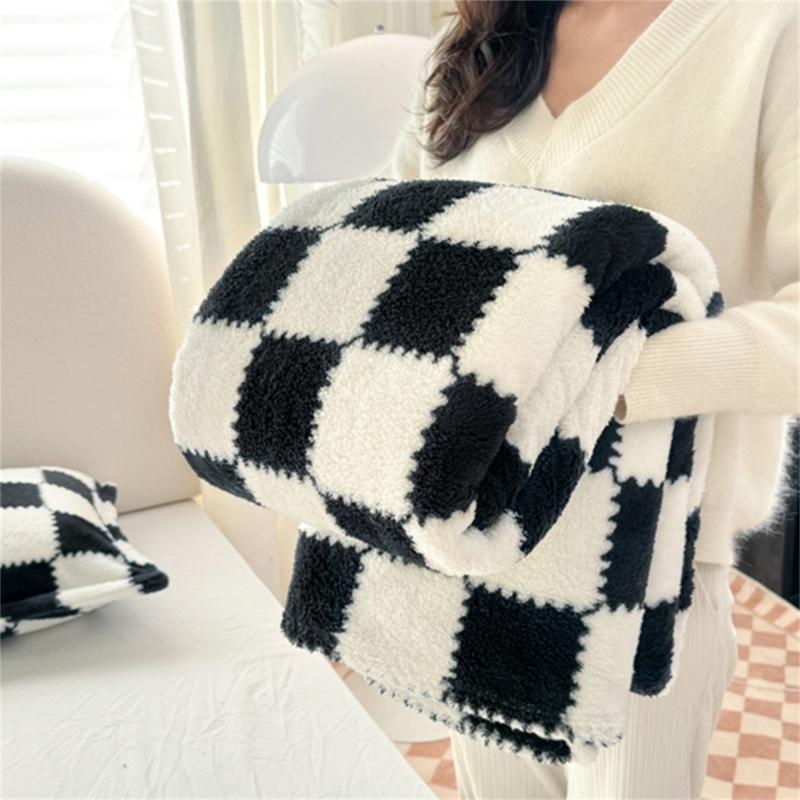 Thick Corals Fleece Grid Blanket Warm Throw for Home Travel Sturdy Machine Washable Polyester