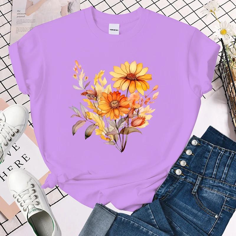 (Premium T-shirt)Funny Fall Flower Print T-Shirts For Women Summer Round Neck Tee Shirt Femme Fashion Casual T-Shirts