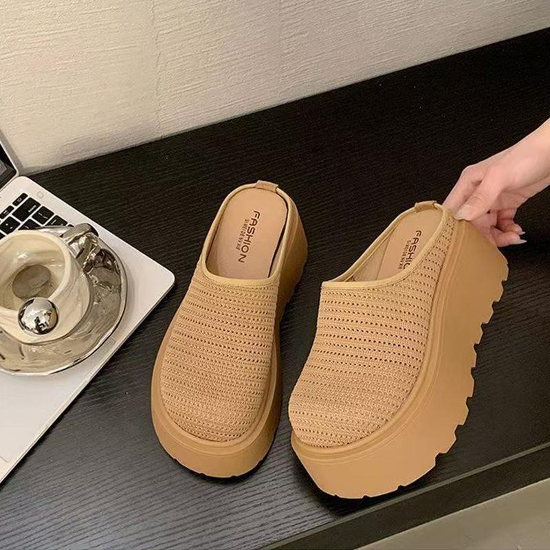 Thick-soled high-heeled mesh bag head half slippers, women's summer wear new one-pedal single shoes, cool slippers