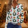 Women's Casual Christmas Print V-Neck Long Sleeve T-Shirt with Decorative Buttons for Holiday Parties