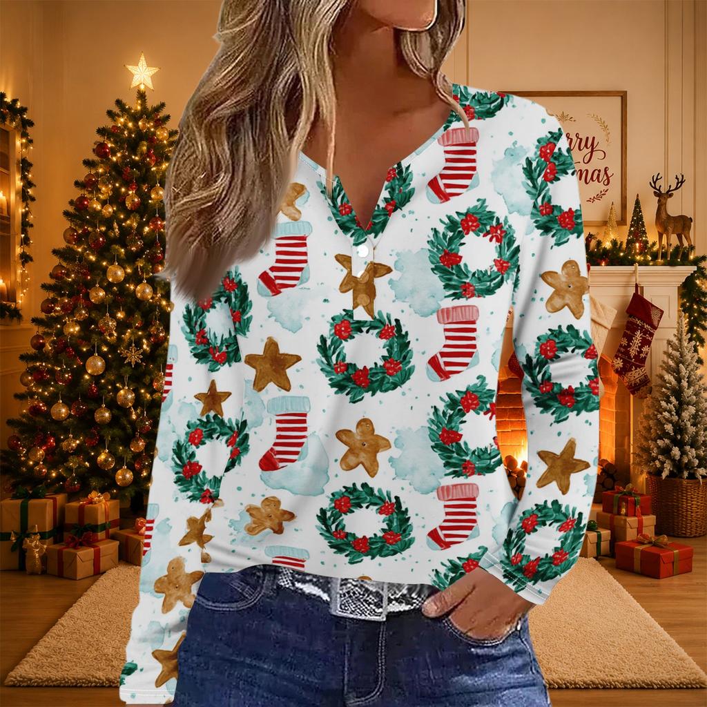 Women's Casual Christmas Print V-Neck Long Sleeve T-Shirt with Decorative Buttons for Holiday Parties