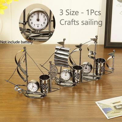 1pcs Creative Iron Art Clock Crafts Sailing Pen Holder Multi-function Living Room Decoration Student