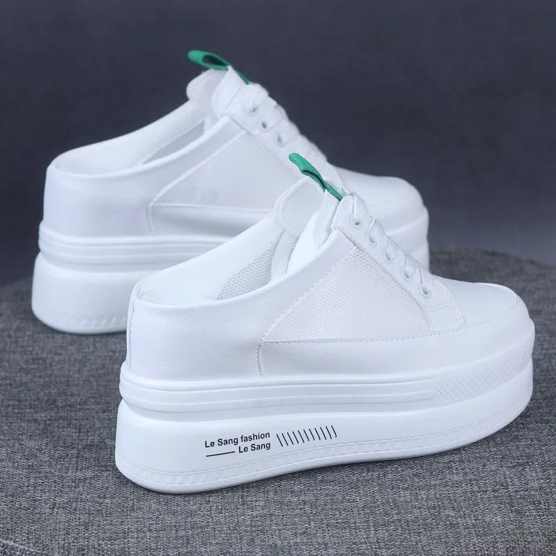 Fashion 2025 Spring and Summer Mesh White Shoes Baotou Half Slippers Women's Thick Bottom Increased 10CM Lazy Shoes White Sneakers