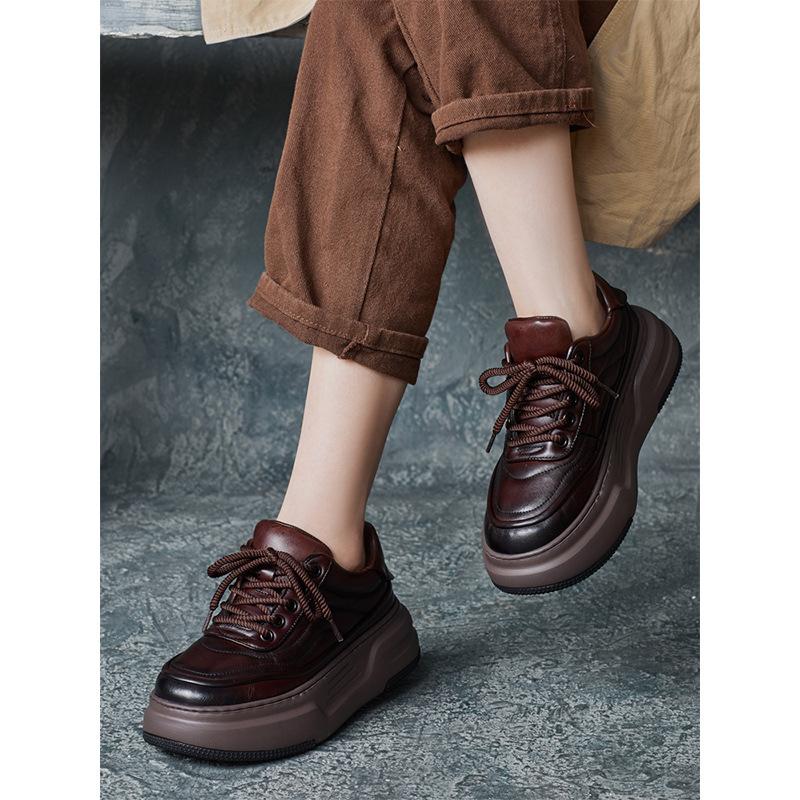 Bread soled women's shoes 2025 autumn new item cowhide British handmade lace up thick soled board shoes single shoe