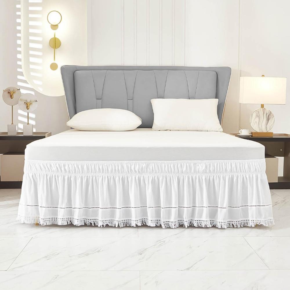 Stretchable Under-bed Covering Skirt Ruffled Bedspread White Fringed Bed Skirt  Bed Room