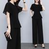 Women's Black Chiffon Shirt & High-Waisted Wide-Leg Pants Two-Piece Set for Summer