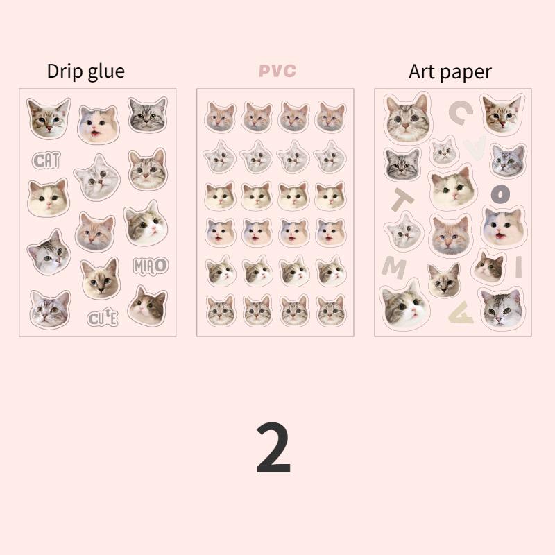 3pcs/pack Cat Head Flat Stickers Animal Stickers Kawaii Cartoon Sticker Cute Handbook DIY Material Decorative Scrapbook Stickers