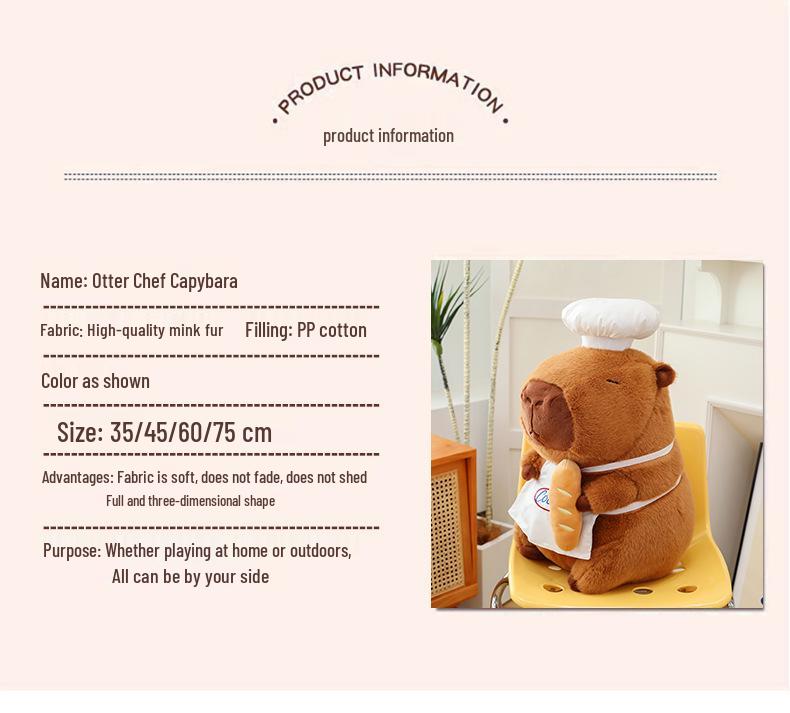 Capybara Chef Large Plush Doll - Cute Cartoon Pillow Gift