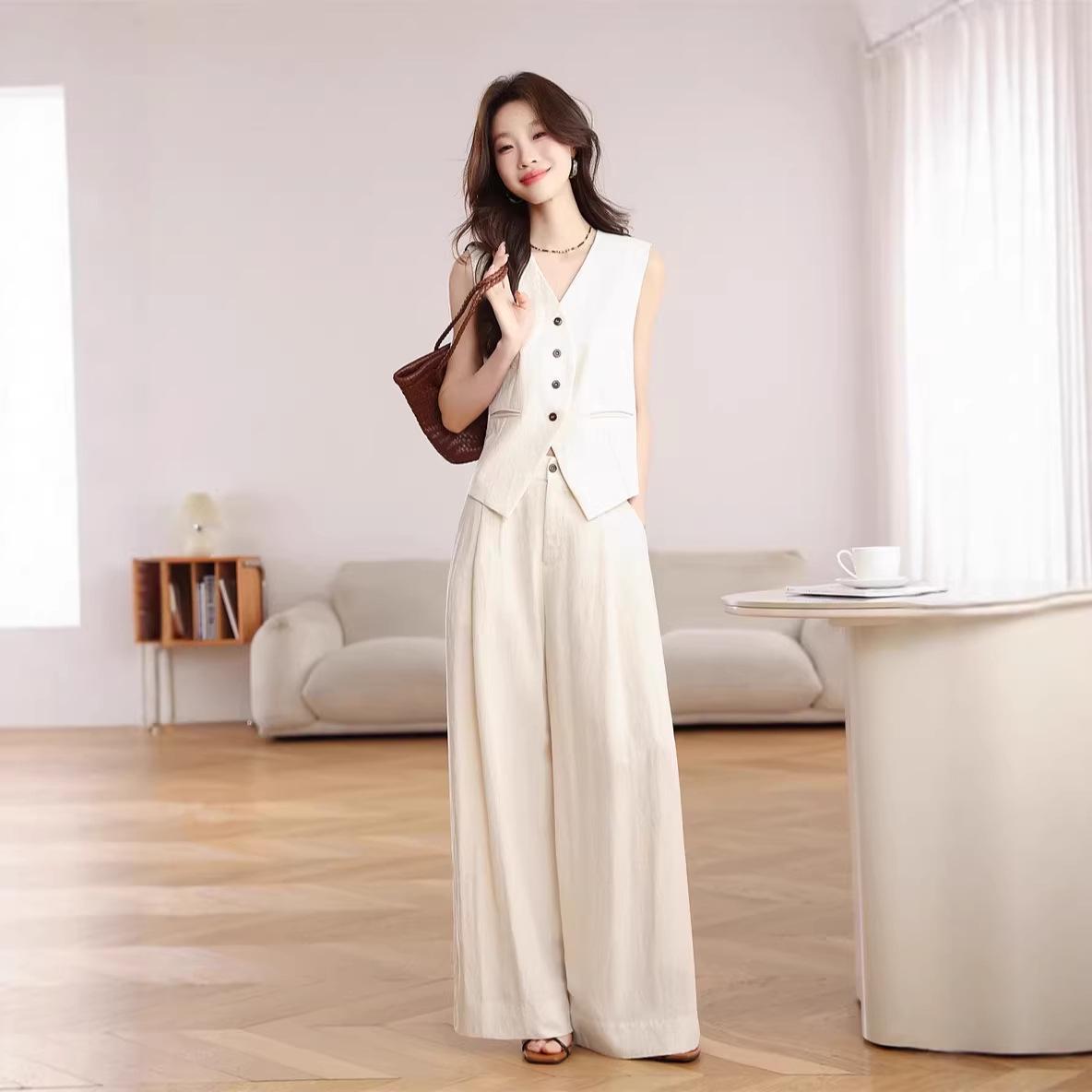 Thirteen Lines 2026 Women s Casual Two-Piece Set: Top and Elastic Waist Wide-Leg Pants Large бежевый